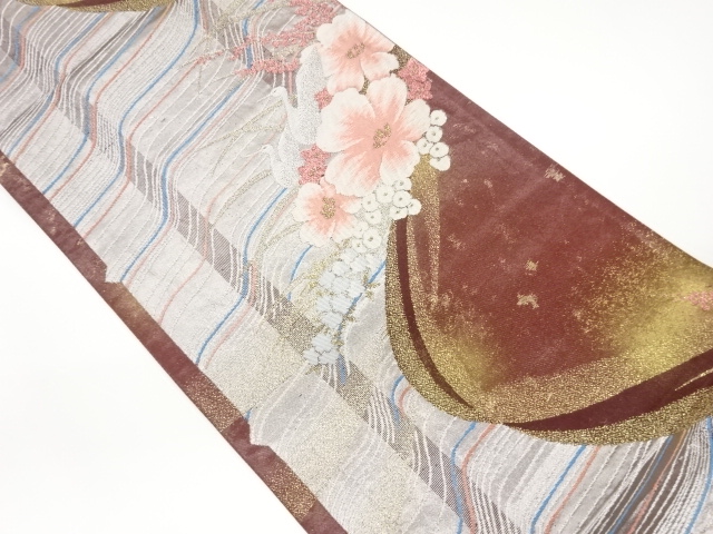 JAPANESE KIMONO / VINTAGE FUKURO OBI / WOVEN FLOWER & BIRD & WAVY STRIPE